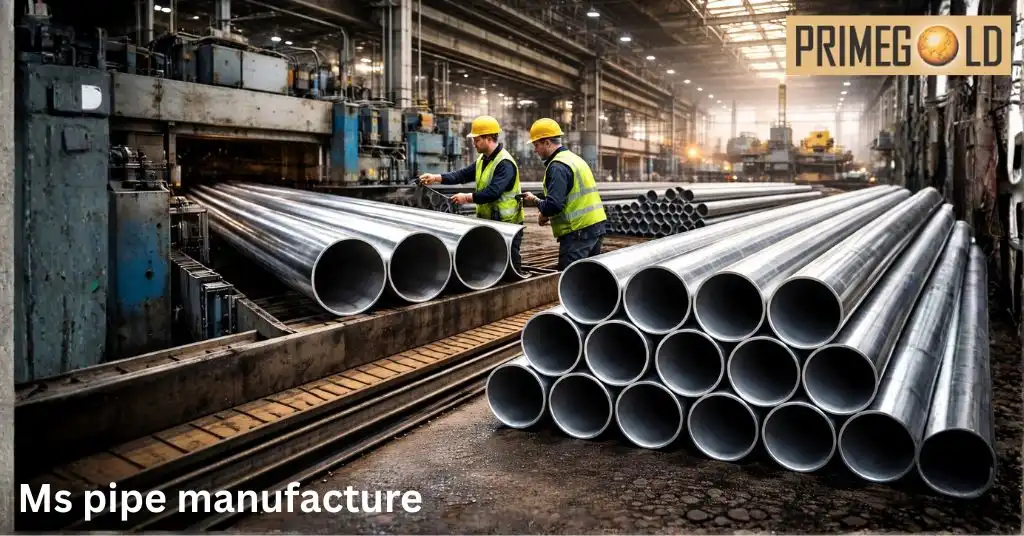 MS pipe manufacture process with workers inspecting steel pipes in factory