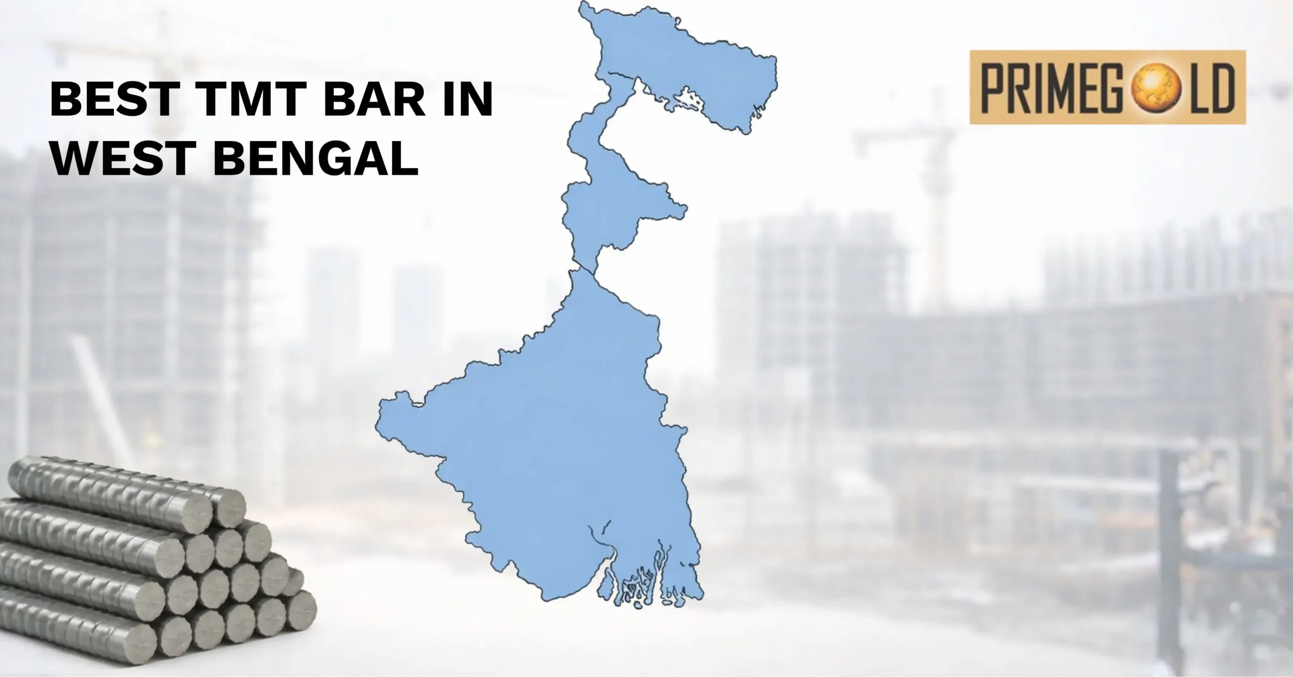 Best TMT bar in West Bengal with steel rods and state map highlighting construction strength and durability.